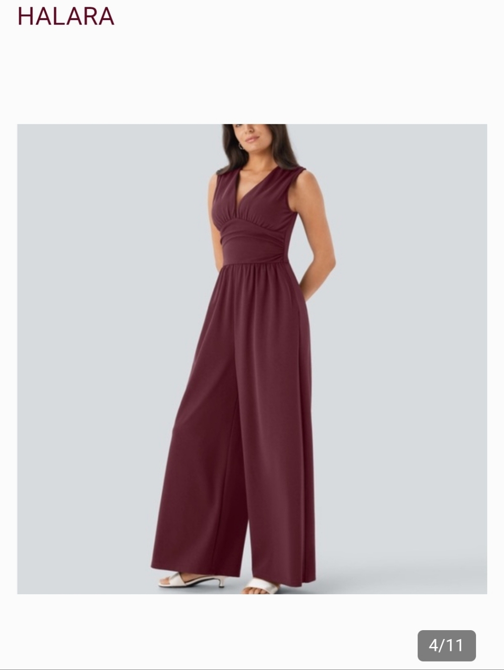 HALARA Sleeveless V-Neck Wide-Leg Ruched Pocket Jumpsuit Zinfandel Burgundy Easy - Picture 15 of 16
